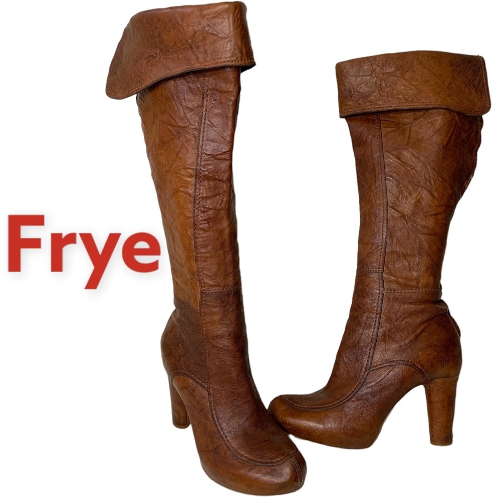 Frye Liv Cuff Textured Brown All Leather Tall Full Back Zipper Heeled Boots 9.5.